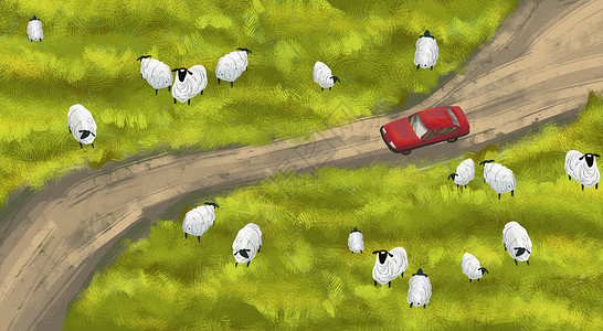 草原山羊开车去旅行插画