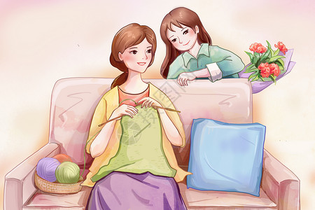 节日花卉康乃馨孩子陪伴着妈妈插画