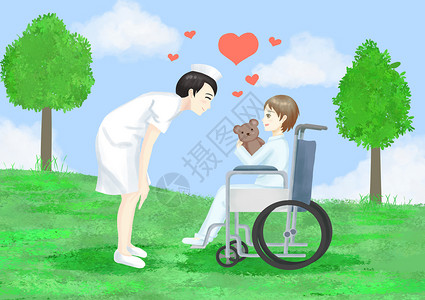 护工照顾坐在轮椅上的老奶奶护士节快乐插画