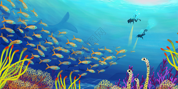 黄姑鱼保护海洋  海中潜水插画
