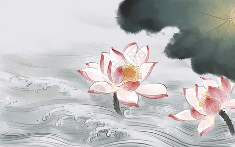 莲花并蒂莲两朵中国风荷花插画