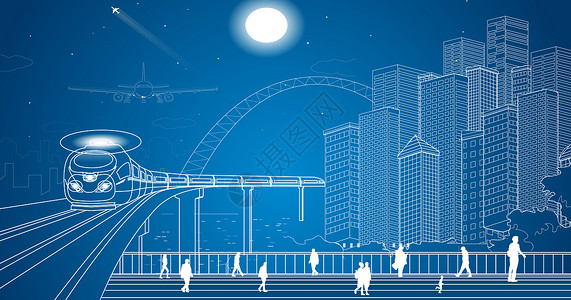 人流城市城市都市火车线条设计图片