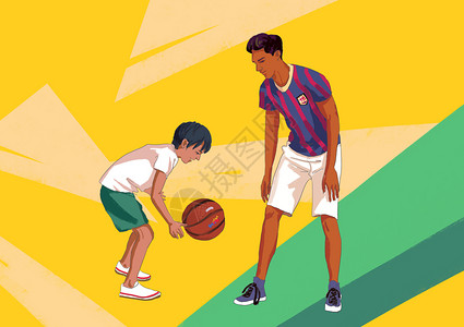 家庭健身打篮球的父子插画