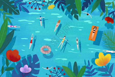 夏季泳池标签夏日游泳插画插画