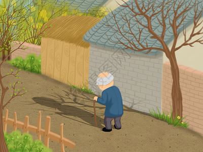 老房子背景孤独的老人插画