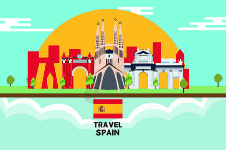 红旗帜西班牙旅游插画