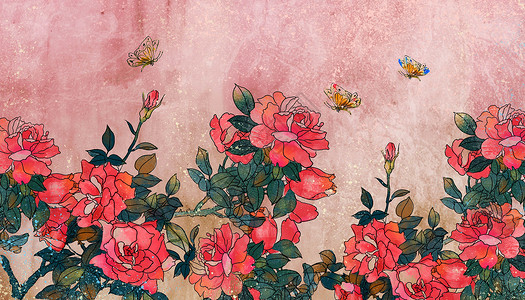 墙与蝴蝶中国风背景插画