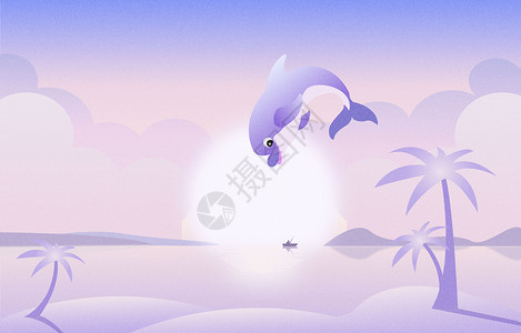 笑脸素材竖幅紫色海边海豚飞跃海报插画