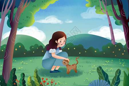 森林里的少女和猫背景图片