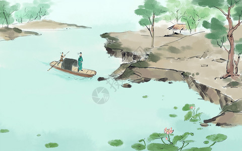水中房子中国风山水插画