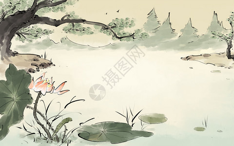 中国风池塘水墨荷花池塘草高清图片