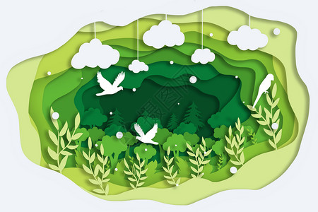 环保绿色大自然剪纸风绿色森林插画