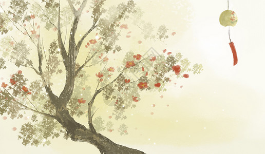 五片红色树叶水彩风花树背景插画