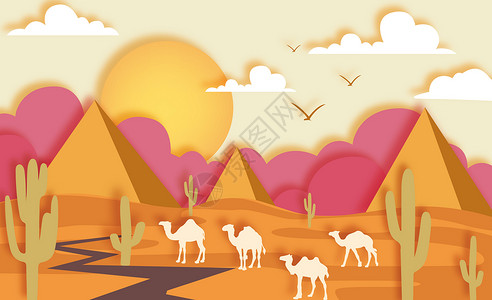 沙漠海报沙漠骆驼剪纸风插画