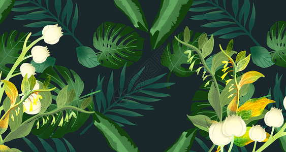 夏季水彩元素夏季热带植物背景插画