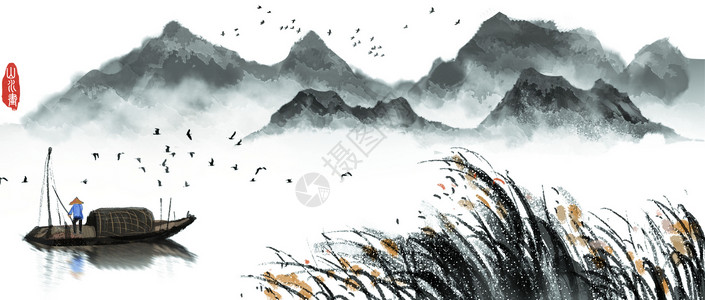 法国墙画艺术中国风水墨山水背景插画
