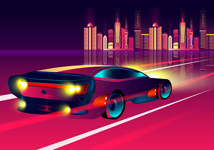 汽车LED大灯城市汽车交通插画
