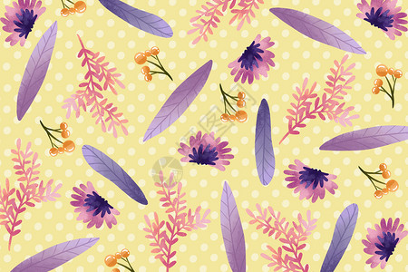 紫色清新羽毛黄色波点花朵背景插画