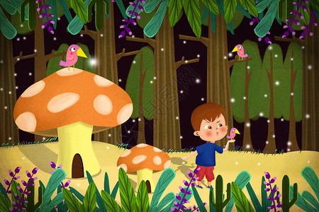 蘑菇屋外的男孩背景图片