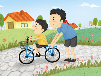 孩子学骑单车的父子插画