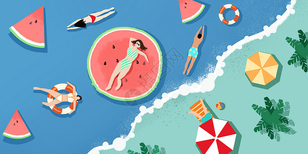 夏日时尚女孩夏日清凉海浪沙滩插画