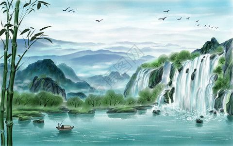 高山流水图水墨山水画背景插画