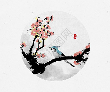 树枝艺术花鸟中国风水墨画插画