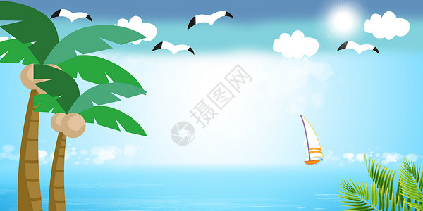 海鸟素材蓝色夏日清凉沙滩背景设计图片