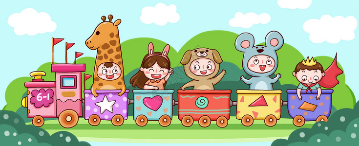 手绘可爱孩子们火车上的孩子们插画