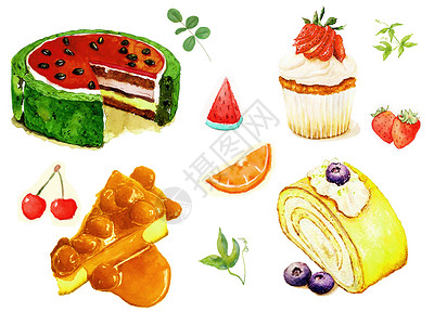 蓝莓草莓蛋糕水彩手绘糕点插画