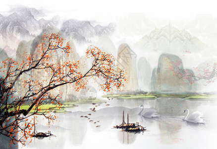 中国水墨画元素中国风水墨山水画背景插画