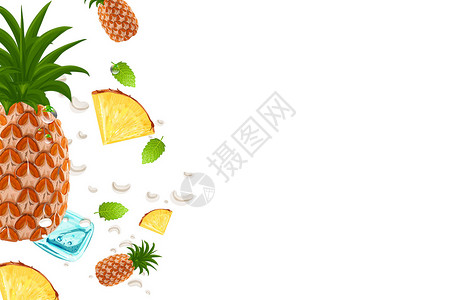 夏季菠萝装饰菠萝二分之一留白背景插画