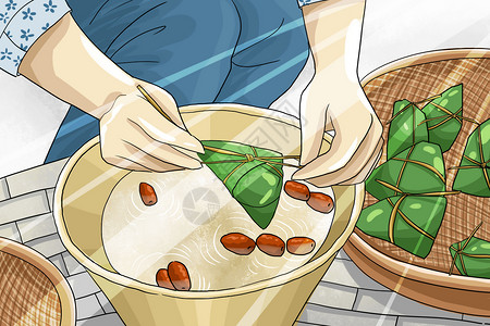 带着食物的妇人端午节包粽子插画