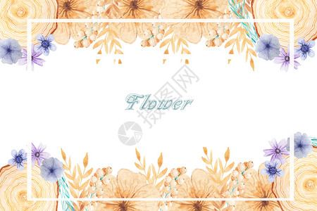 蓝色矩形边框手绘水彩花卉背景插画