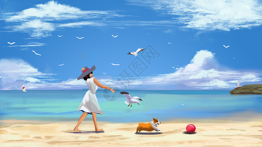 海滩人物风景插画图片