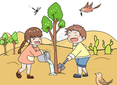 沙漠植树世界防治沙漠化和干旱漫画插画