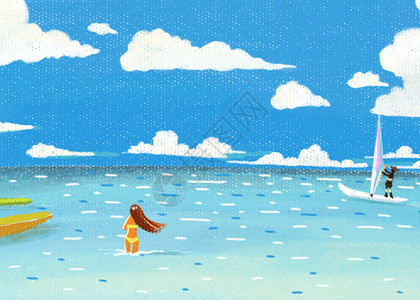 游泳女素材海边游玩插画