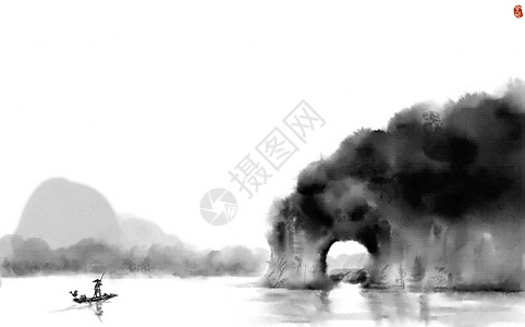 黑色水面水墨桂林山水背景插画