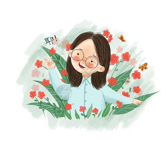 林允儿可爱头像花丛中的小女孩插画