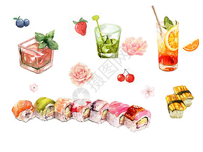 蓝莓果汁水彩手绘日料饮品插画