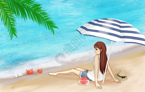 户外太阳伞夏天的海边插画