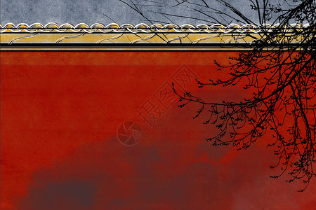 校园围墙红墙树影插画