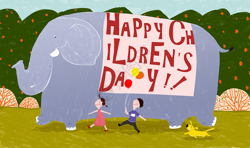 大象和女孩六一儿童节主题插画插画
