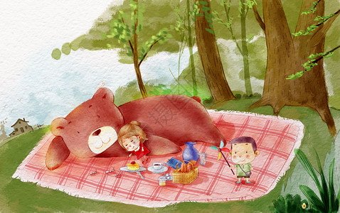 手绘毯子水彩儿童游玩插画插画