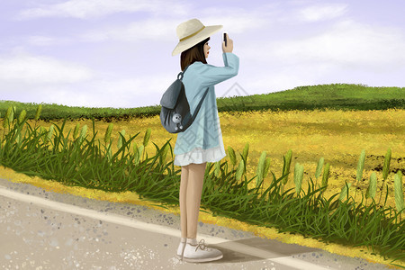旅行拍照的女孩旅行插画
