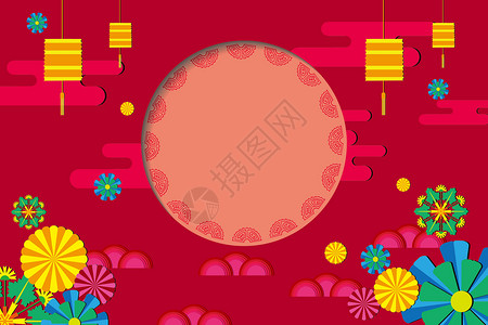 红色花卉剪纸红色中国风背景插画