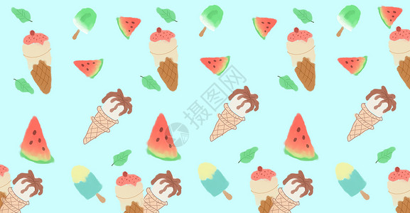 手绘美味冰淇淋夏季西瓜冰淇淋清新背景插画