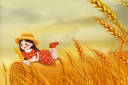 金色麦穗环风车下的麦田插画