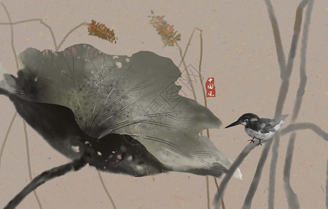 水墨荷叶花鸟背景图片