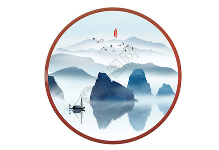 中国渔民水墨山水插画